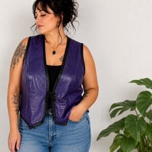 Saxony Purple Vintage Leather Vest Black Tie Front Sz 2X